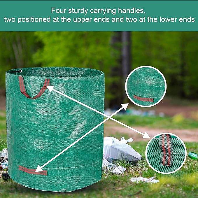 HTT GLOBAL Heavy Duty Garden Waste Bags (4 Pack) – 400L Reusable Rubbish Sacks with Gloves & Handles
