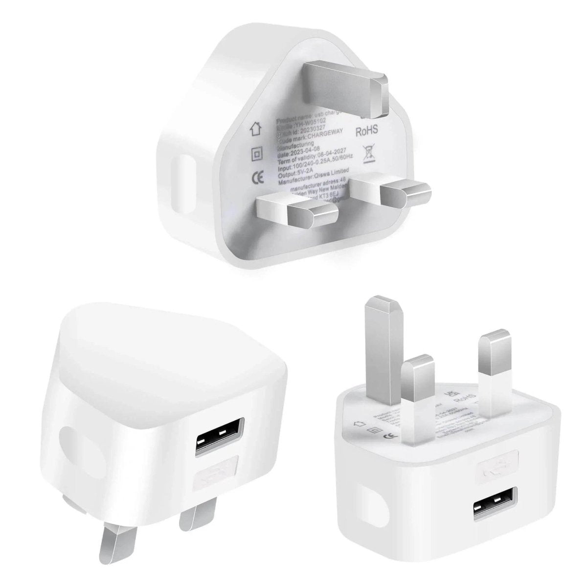 3 Pack UK USB Wall Charger Plug – 5V/2A High-Efficiency Mains Adapter, 10W Fast Charging for iPhone & Samsung