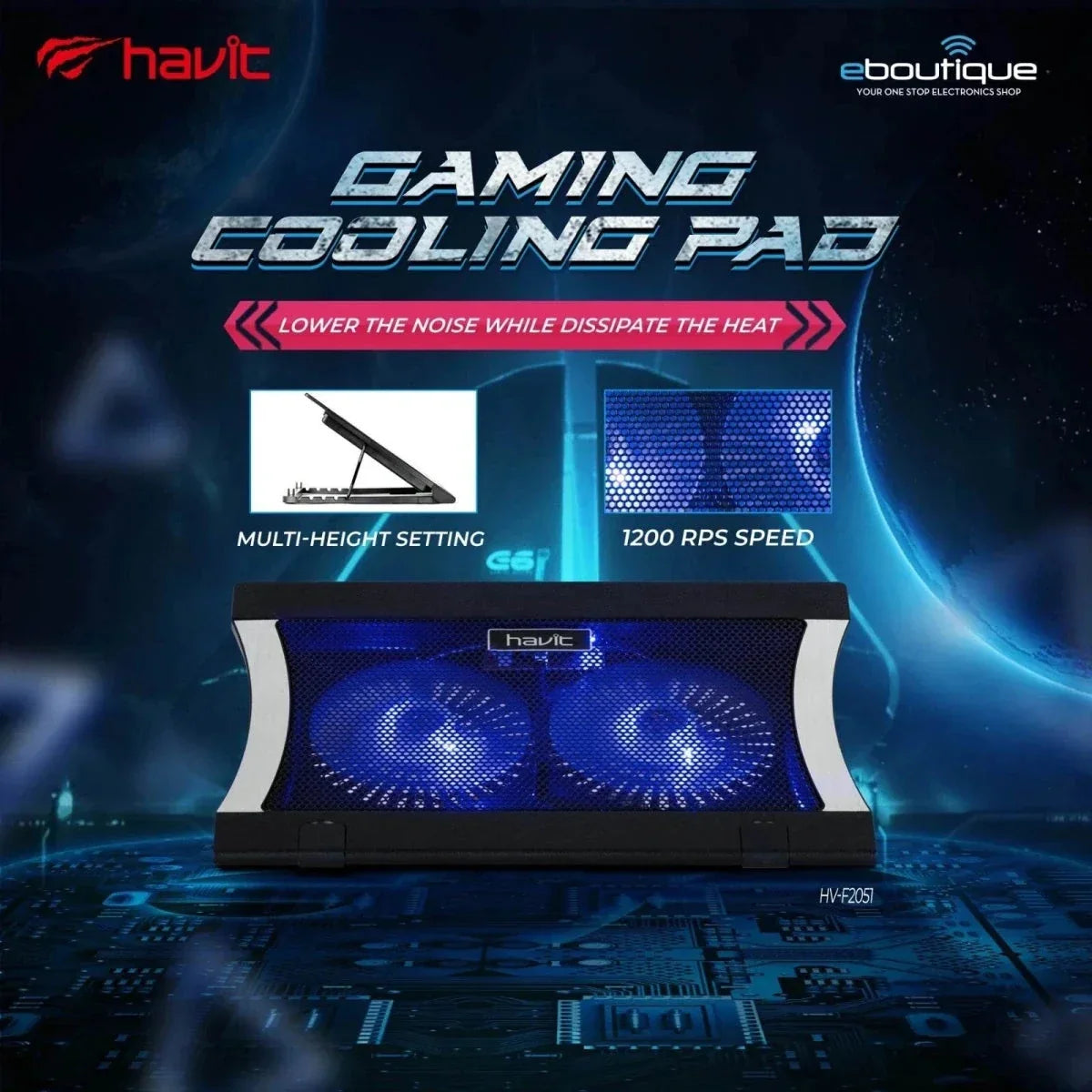 Havit F2051 Gaming Laptop Cooling Pad – Dual 140mm Fans, RGB Lighting, Ergonomic Stand (12"-17")
