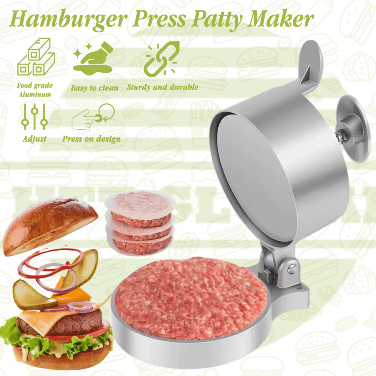 HTT Global Adjustable Burger Press – Double Aluminium Patty Maker with Wood Handle & 100 Wax Discs (Non-Stick)