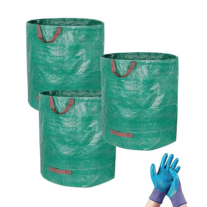 HTT GLOBAL Heavy Duty Garden Waste Bags (4 Pack) – 400L Reusable Rubbish Sacks with Gloves & Handles