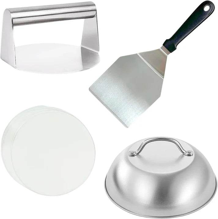 HTT GLOBAL Smash Burger Press & Griddle Kit – Stainless Steel Smasher, Spatula, Melting Dome & Wax Discs