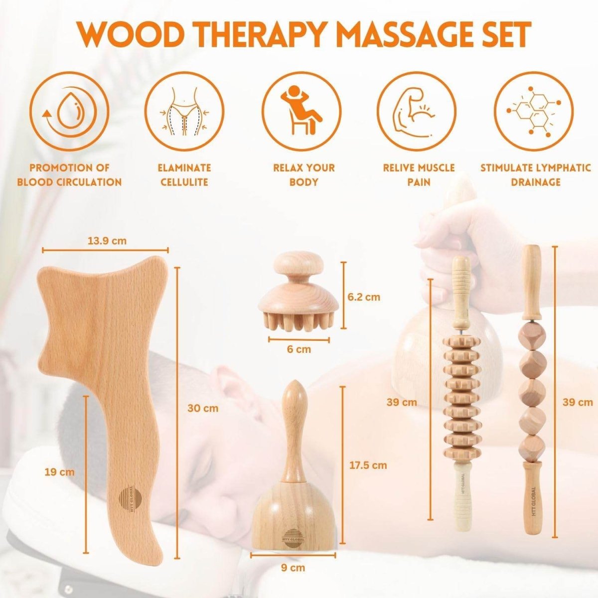 HTT GLOBAL Wood Massage Tools Set (3/5/7 Pcs) – Maderotherapy Kit for Gua Sha, Lymphatic Drainage & Cellulite Reduction