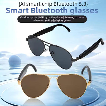 Smart Glasses Headset Wireless Bluetooth Sunglasses – Open-Ear Audio, Hands-Free Calling, UV Protection (HY1002 Gold/Grey)