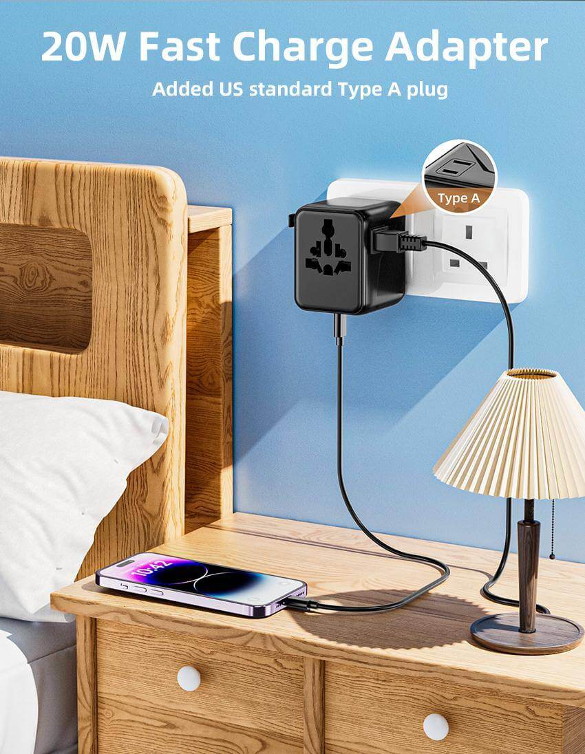 Universal Travel Adapter – All-in-One with 2 USB-C, 1 USB-A | Worldwide Plug Support (US, UK, EU, AU)