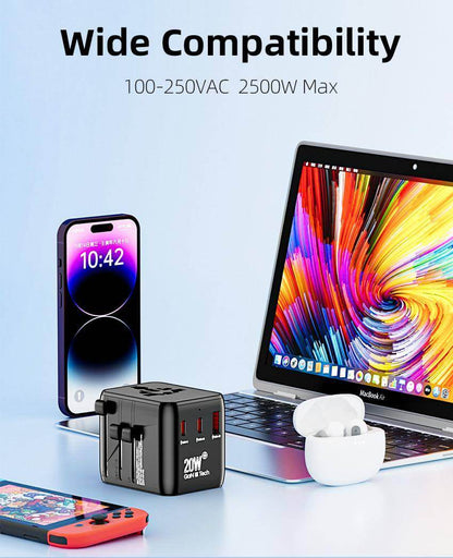 Universal Travel Adapter – All-in-One with 2 USB-C, 1 USB-A | Worldwide Plug Support (US, UK, EU, AU)